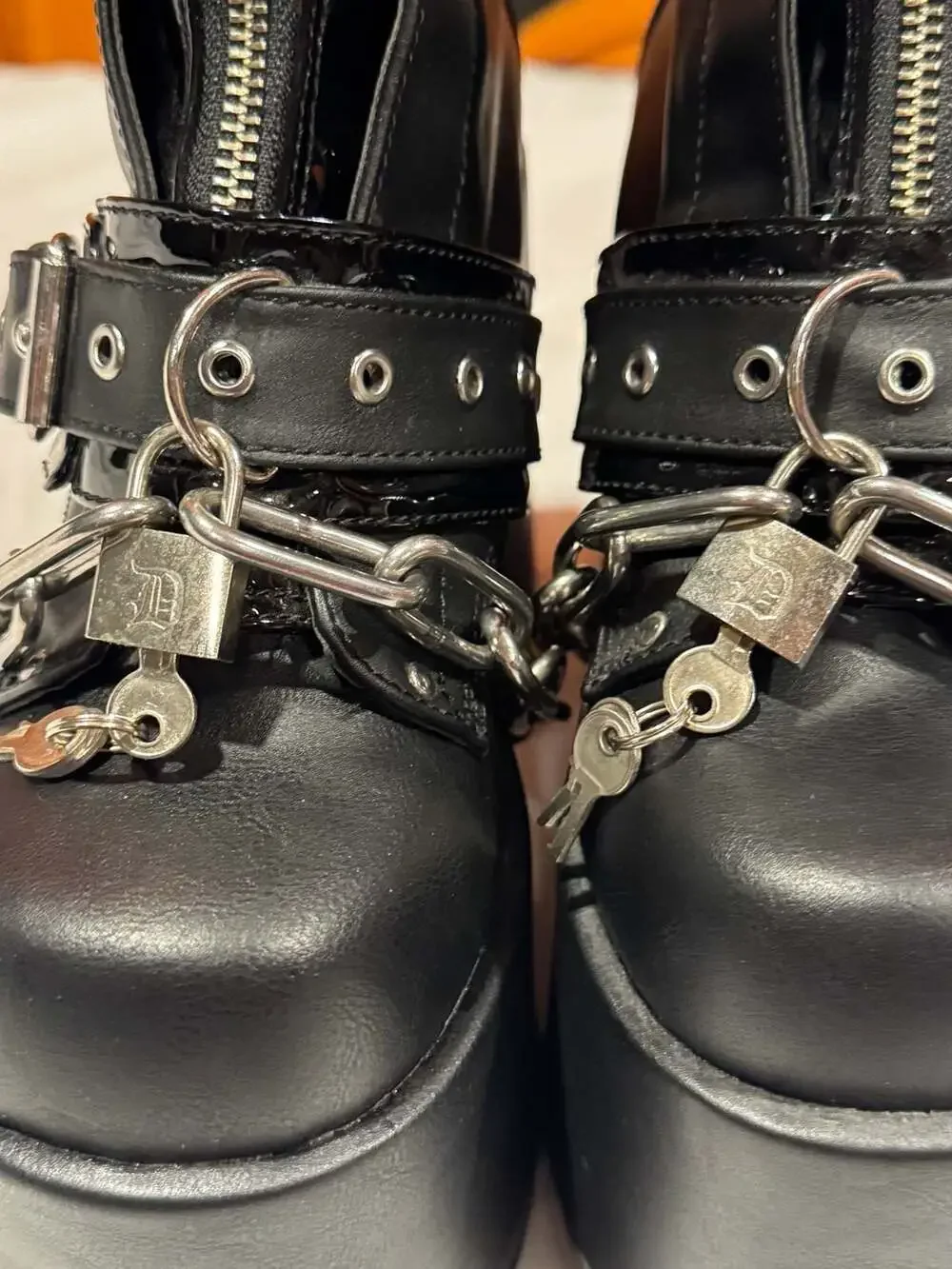 Demonia Camel-203 Black Vegan Leather Platform Boots with Chains and Padlock
